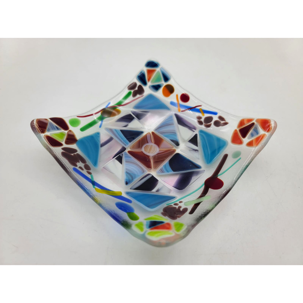 Fused Art Glass Sushi / Trinket Dish Colorful Geometric Pattern 5.25 sq x 3/4 T